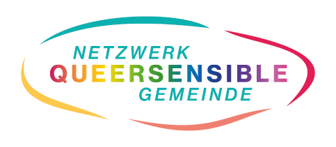 Logo mit dem Text Netzwerk Queersensible Gemeinde, wobei Queersensible in Regenbogenfarben gehalten und von bunten Rauten umgeben ist, die ein queerfreundliches Gemeindenetzwerk darstellen.